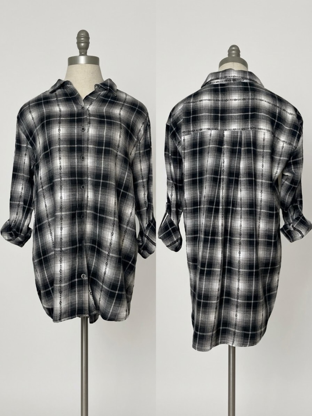 Jane and Delancey Black Stitch Button Down Collared Boyfriend Plaid Top Small